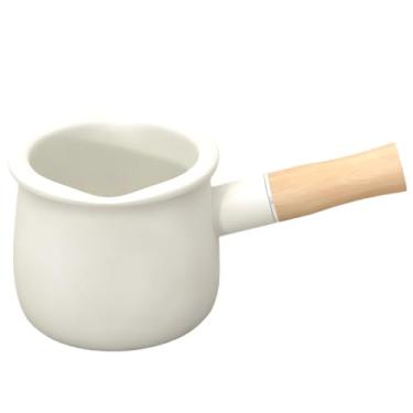Imagem de Panela de cerâmica de leite esmaltada pequena, com cabo de madeira para aquecer leite de café com manteiga, bicos duplos e antiaderente suave, ótimo uso em fogão