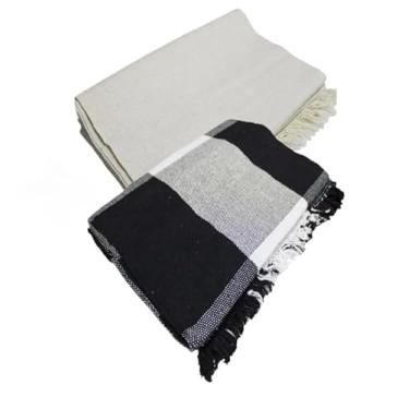 Imagem de Conjunto de mantas extragrandes para sofá (2 peças), dimensões 300 x 180 cm, material de algodão puro, com finalidades decorativas e protetoras. (Cru + Preto c/Cru)