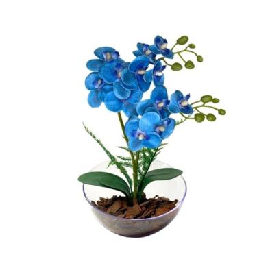 Imagem de Planta Artificial – Arranjo de Orquídeas Real Toque em Vaso Lua para Decoração de Casa e Escritório(Azul)