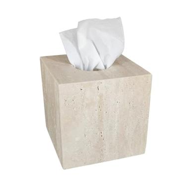 Imagem de Jusmioke Capa de caixa de lenços de mármore travertino natural, papel de bombeamento quadrado de pedra, suporte de papel higiênico em rolo para sala de estar, banheiro, cozinha e decoração de casa