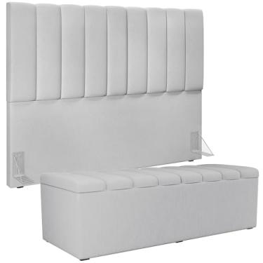 Imagem de Kit Cabeceira Cama Box Casal King 195cm com Calçadeira Baú Dália W01 Linho Cinza - Lyam