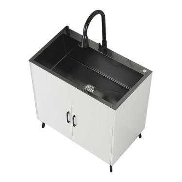 Imagem de Conjunto de pia e armário de cozinha, armário de armazenamento de porta dupla de madeira com pia de aço inoxidável, pia de suporte com torneira removível (600 x 450 mm/23,6 x 17,7 cm, branco)