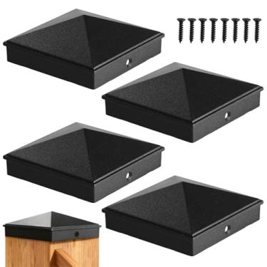 Imagem de 4 peças de tampas de poste de pirâmide de alumínio 6x6 com 8 parafusos, postes de madeira de 14 x 14 cm, à prova de intempéries, à prova de ferrugem, tampas de poste de deck para cercas, decks de