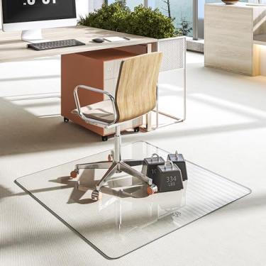 Imagem de Batuso Tapete de cadeira de vidro de canto redondo de vidro temperado 91 cm x 91 cm com borda polida, tapete de cadeira de escritório rígido resistente, transparente, desliza suavemente, fácil de