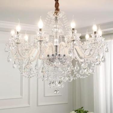 Imagem de Lustre de cristal de luxo europeu sofisticado, estilo palácio francês - Luminária de cristal com velas para sala de estar, sala de jantar e quarto de villa duplex (10 lâmpadas)
