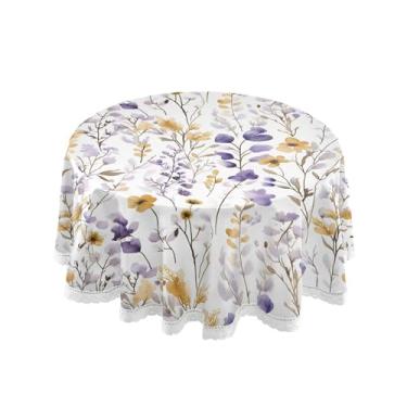 Imagem de SEHANY Elegante toalha de mesa redonda com flores roxas, 152 cm, tecido lavável sem rugas, toalha de mesa redonda com renda decorativa para restaurante, casamento, acampamento, festa Fiesta Cinco de