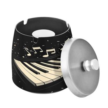 Imagem de Blueangle Cinzeiro com padrão de teclas de piano com tampa para cigarros, à prova de vento/chuva, aço inoxidável, sem fumaça, inodoro, cinzeiro para uso interno ou externo (512)