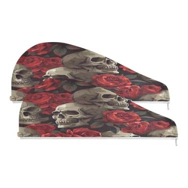 Imagem de SEHANY Toalha de cabelo de microfibra rosa e caveira para mulheres, 2 peças, turbantes de cabelo de secagem rápida com botão, touca de cabelo seco absorvente toalha de secagem de cabelo para cabelos