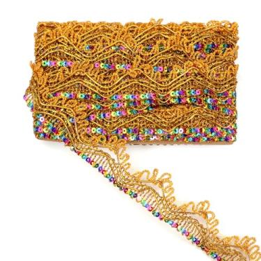 Imagem de Acabamento dourado para costura, fita de renda decorativa vintage com contas douradas brilhantes de 9,8 metros para artesanato, costura, roupas, casamento, decoração de casa