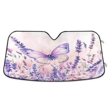 Imagem de ATTX Linda borboleta e lavanda pára-brisa para carro 144.8 cm x 80.0 cm escudo solar universal com proteção UV, persiana de janela frontal automática dobrável para caminhões Sedans SUVs #261