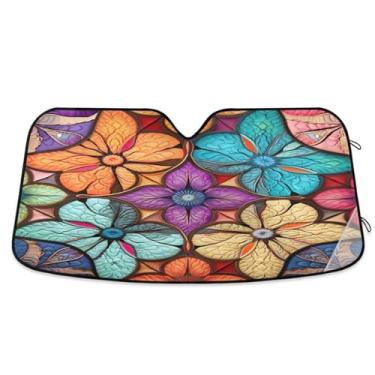 Imagem de ATTX Para-brisa de carro com azulejo têxtil oriental colorido 144.8 cm x 80.0 cm escudo solar universal com proteção UV, persiana de janela frontal automática dobrável para sedãs SUVs caminhões #544