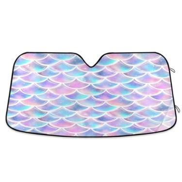 Imagem de ATTX Escamas de sereia coloridas para para-brisas de carro 139.7 cm x 70.1 cm Protetor solar universal com proteção UV, persiana de janela frontal automática dobrável para caminhões Sedans SUVs #75