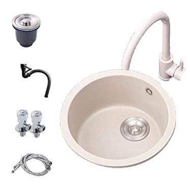 Imagem de Tigela única para pia de cozinha, pia de barra pequena com torneira, pias de cozinha pequenas para casa pequena, pia de cozinha redonda de granito feita à mão, aquecimento anticongelante