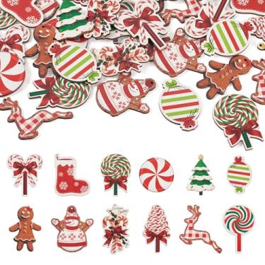 Imagem de FASHEWELRY 36 peças de pingentes de madeira de Natal, boneco de neve, pirulito, rena, bengala doce, homem de gengibre, enfeites de pendurar de Natal de madeira para decoração de coroas de árvore de