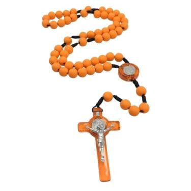 Imagem de Terço Rosário com Medalha de São Bento, Contas Coloridas 9mm, Crucifixo 6x3.6cm, Cordão Preto, 42cm (Laranja)