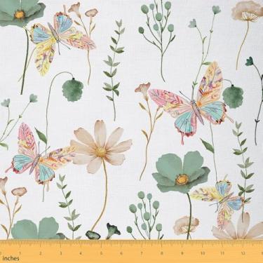Imagem de Erosebridal Tecido floral aquarela por The Yard Butterfly Sage Verde Bege Tecido impermeável para exterior Estética Minimalista Tecido de estofamento para toalha de mesa, corredor de mesa, decoração