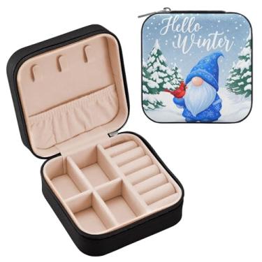 Imagem de Wassud Estojo de joias de viagem de gnomo e pássaro vermelho para mulheres, meninas, senhoras, noiva, mini organizador de joias, de couro PU, caixa quadrada de armazenamento de joias para brincos