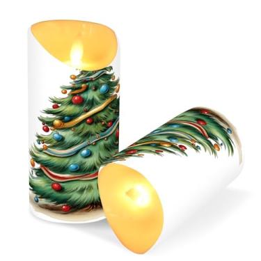 Imagem de ATTX Pacote com 2 velas de árvore de Natal em aquarela – 7,6 cm x 9,9 cm de LED com controle remoto e temporizador para casa, casamento, decoração de acampamento #485