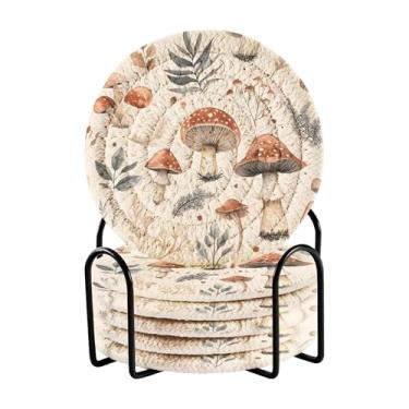Imagem de SEHANY Conjunto de 6 porta-copos de cogumelos florestais com suporte, porta-copos redondos absorventes de algodão resistente ao calor para mesa de jantar, canecas de café, 10 cm