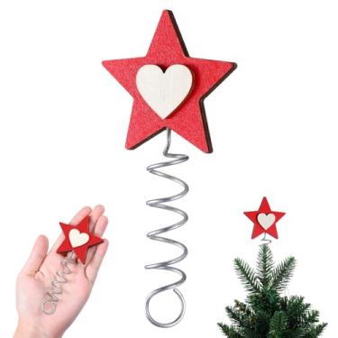 Imagem de Yinkin Topper de árvore de dia dos namorados vermelho em miniatura estrela para pequeno centro de coração de madeira de Natal para decoração de casa