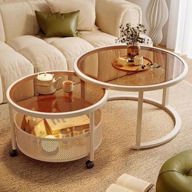 Imagem de Round Nesting Coffee Table set of 2, Glass Tabletop, Metal Frame, Hollow Mesh Basket Storage, Flexible Pulleys, Foot Pad Design, Suitable for Living Room and Bedroom(Brown,60*45+45*40cm/24*18+18*16in)