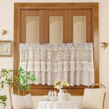 Imagem de Saia de crochê boho transparente para janela cozinha vintage macramê sanefa com borlas para sala de jantar, sala de estar, casa de fazenda, cortina de crochê rústica, 1 painel (bege, L 139 C 35