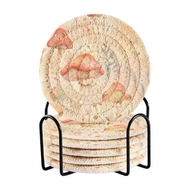 Imagem de SEHANY Conjunto de 6 porta-copos de cogumelos florestais com suporte, porta-copos redondos absorventes de algodão resistente ao calor para mesa de jantar, canecas de café, 10 cm