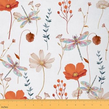 Imagem de Tecido floral aquarela por The Yard Dragonfly Retro Laranja Azul Marinho Tecido Estético Minimalista Tecido de estofamento para ambientes externos e externos, 10 jardas