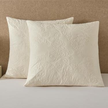 Imagem de YINFUNG Conjunto de 2 fronhas acolchoadas europeias em creme marfim 66 x 66 cm, bordadas, florais, algodão, decorativas, grandes fronhas para cama, sofá, em relevo, Matelasse