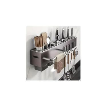 Imagem de Suporte Organizador para Utensílios de Cozinha, Aço Inox, 10 Ganchos, Cinza, 59,5x5,3x6,5 cm, Multifuncional