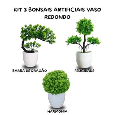 Imagem de Genérico, Bonsais Kit 3 Unidades Artificiais Decorativas Felicidade Harmonia e Barba de Dragão – Vaso Redondo
