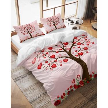 Imagem de Conjunto de capa de edredom de Dia dos Namorados Califórnia King Size Love Heart Tree Conjunto de 3 peças, conjunto de cama rosa romântica com fecho de zíper e 2 fronhas, capas de cama macias para