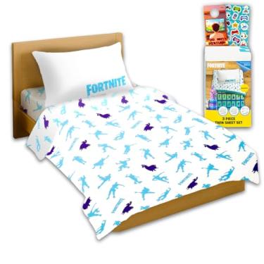 Imagem de Fortnite Jogo de cama solteiro – Pacote com lençol de cima, lençol com elástico, fronha, adesivos, mais | Decoração de quarto Fortnite para crianças, meninos e meninas