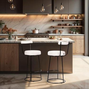 Imagem de Banqueta Alta Cozinha 70cm Encosto Industrial Aço Kit 2 Ziria Pu S02 - D`rossi Off White