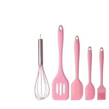 Imagem de Kit 5 Peças Utensílios de Cozinha em Silicone | Espátula Pão Duro, Colher, Fouet e Pincel | Resistente ao Calor, Antiaderente(ROSA)