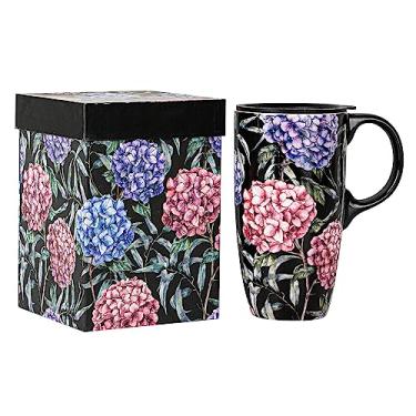 Imagem de Voltogar Caneca de cerâmica caneca de café de viagem com tampa e alça presente para casa e escritório, caneca de café grande para micro-ondas e lava-louças, padrão de arte de hortênsia em caixa