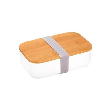 Imagem de Marmiteira com Talheres 900ml, Branca, Plástico PP, Tampa Dupla com Vedação Hermética, 2 Divisórias, Inclui Colher e Garfo, 20x12x7cm