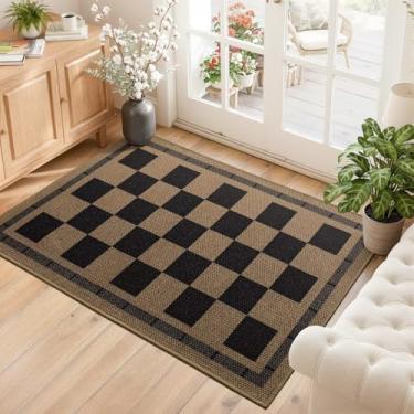 Imagem de Vasofe Tapete de entrada pequeno lavável, tapetes de juta xadrez 5 x 7 cm, tapete para porta da frente, antiderrapante, para quarto, entrada, cozinha, tapete xadrez, preto e marrom