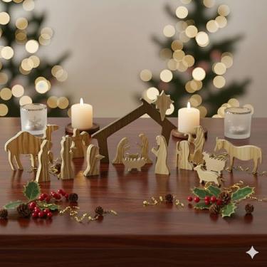 Imagem de Conjunto de presépio, decorações de Natal cristãs, presépio de madeira de 15 peças com estábulo e figuras, pequeno conjunto de madeira feito à mão para decoração de férias internas, presente católico