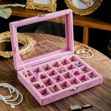 Imagem de Caixa de joias de veludo, organizador de anel de joias com 24 grades, suporte de bandeja, brincos, estojo de armazenamento para meninas, esposa, mãe, mulheres, rosa