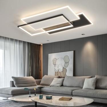Imagem de Luminária de teto moderna para sala de estar, LED, com regulagem remota de intensidade, grande, em metal preto, retangular, com design geométrico, para restaurantes, escritórios, quartos, ba