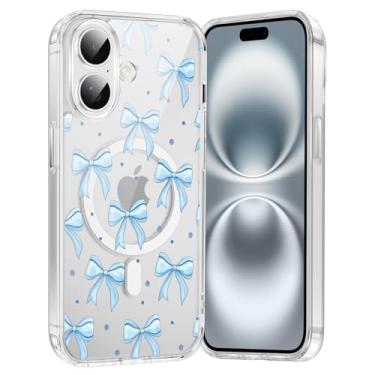 Imagem de FBHGLOA Capa de celular para iPhone 16 de 6,1 polegadas com laço azul, compatível com MagSafe, capa de telefone com estampa de bolinhas, antiamarelamento, à prova de choque, capa magnética