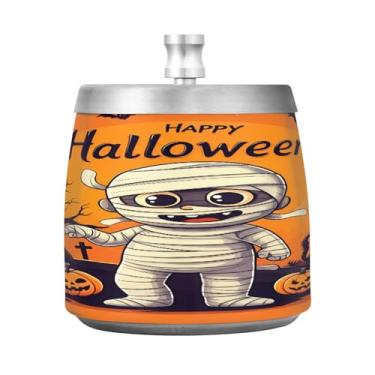 Imagem de Qilmy Cinzeiro de aço inoxidável padrão de Halloween com tampa - Cinzeiro de cigarro à prova de vento sem cheiro sem fumaça para casa, escritório, carro, pátio, varanda (uso interno e externo)