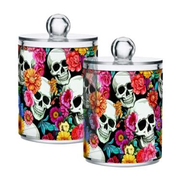 Imagem de Qilmy Qtip Suporte de 400 ml, frasco de armazenamento de boticário de plástico transparente de caveira de Halloween com tampa, dispensador de recipiente de banheiro para bola de algodão, cotonete, fio