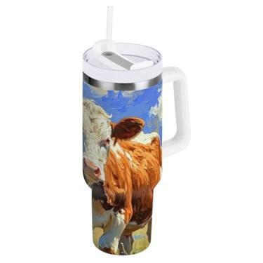 Imagem de ODAWA Caneca grande isolada Texas Cows com alça e tampa de palha, copos isolados de aço inoxidável