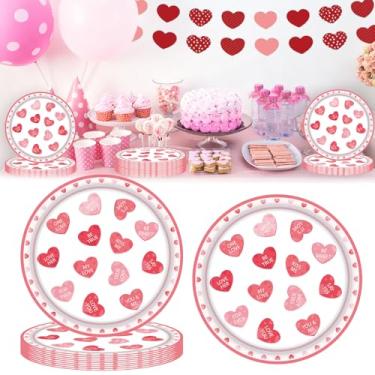 Imagem de Ncozwo 20 peças de pratos de papel descartáveis para o dia dos namorados, 23 cm, pratos redondos de coração, para aniversário, festa de casamento (coração rosa, palavras de amor)