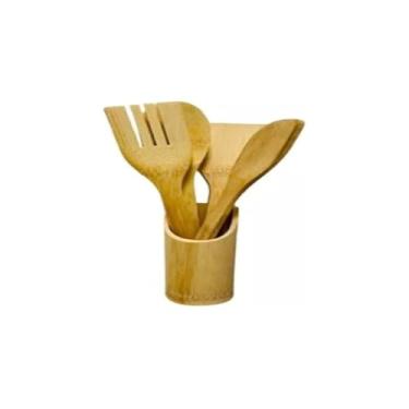 Imagem de Kit Utensílios de Cozinha em Bambu, 5 Peças, Bege, com Garfo, Colher Redonda, Colher Diagonal, Espátula e Suporte, 180g