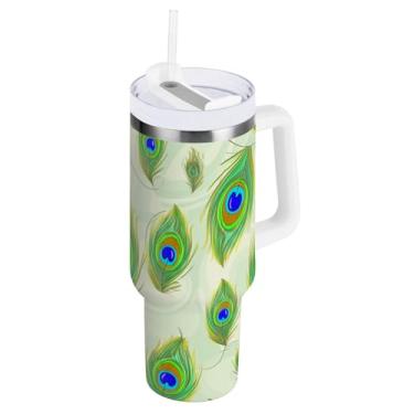 Imagem de ODAWA Copos com isolamento duplo verde de penas de pavão de 1,134 g com alça e canudo