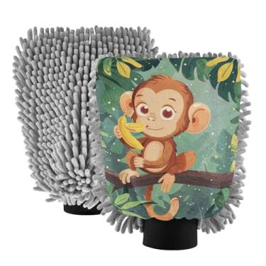 Imagem de ODAWA Luva de lavagem de carro microfibra chenille, macaco fofo folhas verdes chenille luva para lavagem de carro pacote com 2 20,5 cm x 30 cm