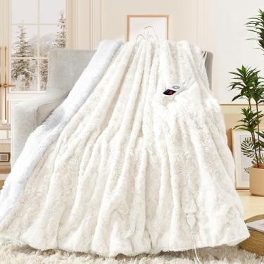 Imagem de MAXEVE Cobertor de pele sintética de coelho aquecido elétrico com 6 níveis de aquecimento e 12 horas de desligamento automático, aquecimento rápido, quente, aconchegante, cobertor lavável de sherpa